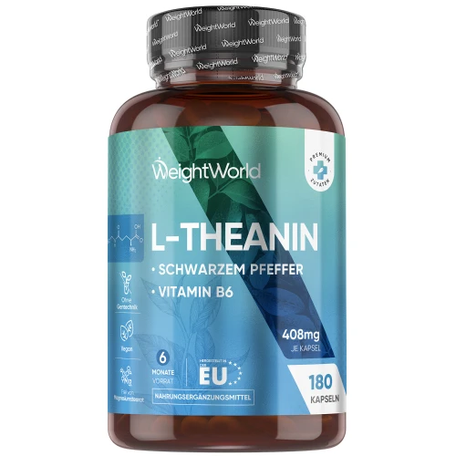 L-Theanin Kapseln 400 mg 180 Kapseln - 100% natürliches Aminosäuren-Ergänzungsmittel aus grünem Tee und schwarzem Tee für beruhigende und entspannende
